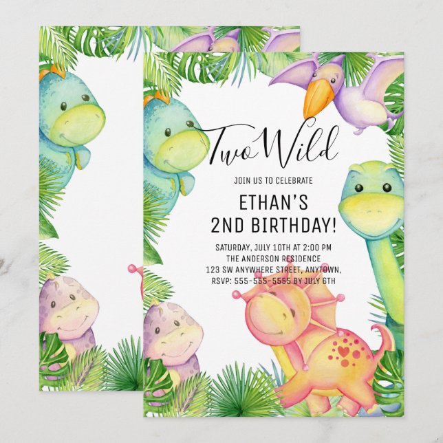 Two Wild Dinosaur 2nd Birthday Party Invitation (Front/Back)