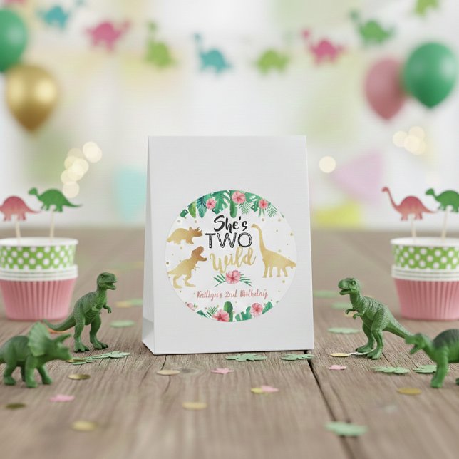 Two Wild Dinosaur Girls 2nd Birthday Party Favour Classic Round Sticker (Creator Uploaded)