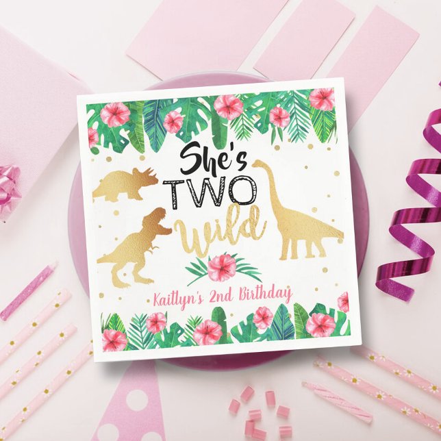 Two Wild Dinosaur Girls 2nd Birthday Party Napkin (Creator Uploaded)