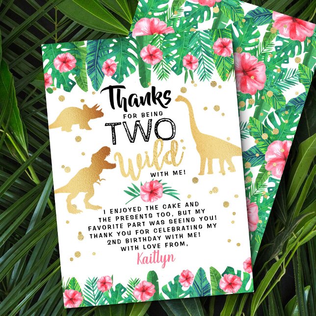 Two Wild Dinosaur Girls Second Birthday Thank You Card (Creator Uploaded)