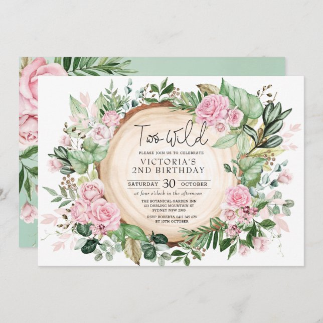 Two Wild Dusty Pink Roses Greenery 2nd Birthday Invitation (Front/Back)