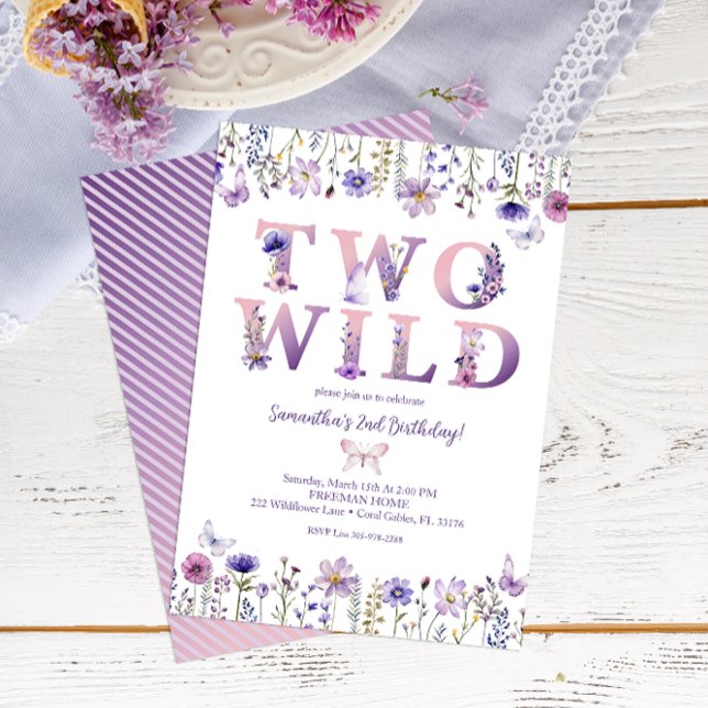 Two Wild Floral Second Birthday Invitation (Wildflower 2nd Birthday Invite)
