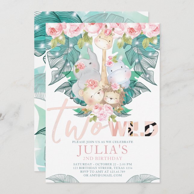 Two Wild Jungle Animals Birthday Cute Invitation (Front/Back)