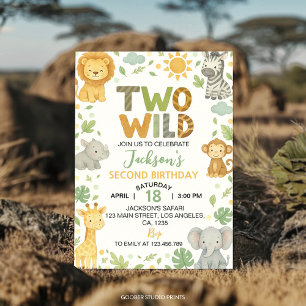 Two Wild Jungle Animals Safari 2nd Birthday Invitation