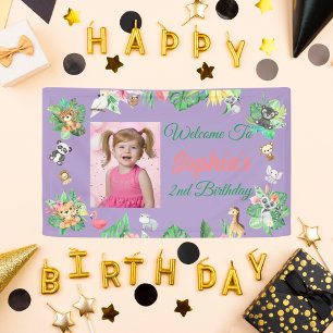 Two Wild Jungle Baby Animals Girl Photo Birthday Banner