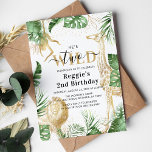 Two Wild Jungle Greenery & Gold 2nd Birthday Party Invitation<br><div class="desc">Elegant neutral safari themed 2nd birthday party invitation,  featuring the text 'He's two Wild',  tropical greenery,  faux gold jungle animals (lion,  giraffe and monkey),  gold confetti and a modern birthday template that is easy to customise by using the 'customise further' option.</div>
