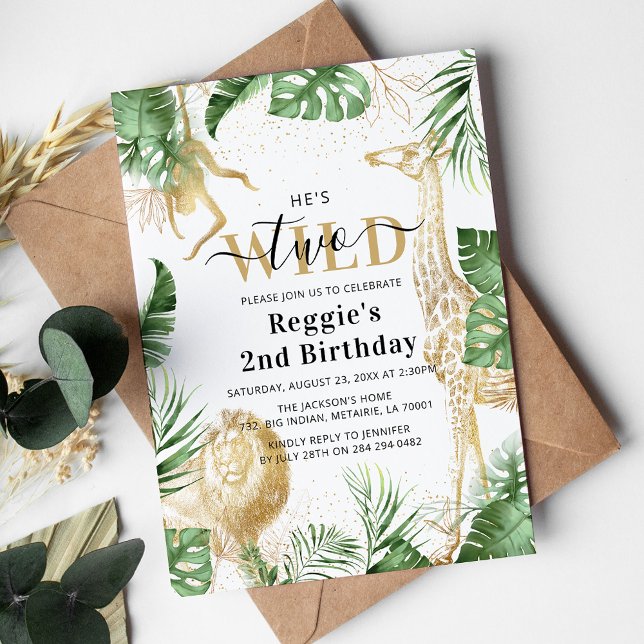 Two Wild Jungle Greenery & Gold 2nd Birthday Party Invitation (Creator Uploaded)