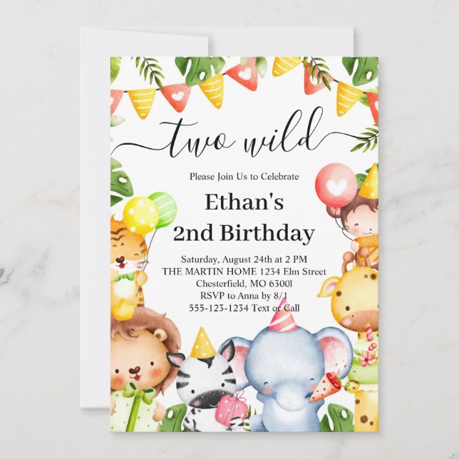 Two Wild Jungle Safari Animals 2nd Birthday Party Invitation (Front)