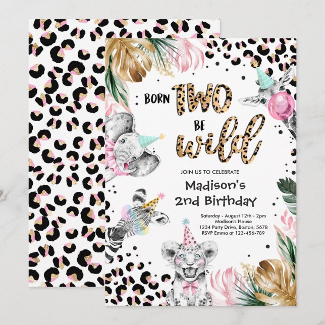 Two Wild Leopard Print Safari Animals Birthday Invitation (Front/Back)