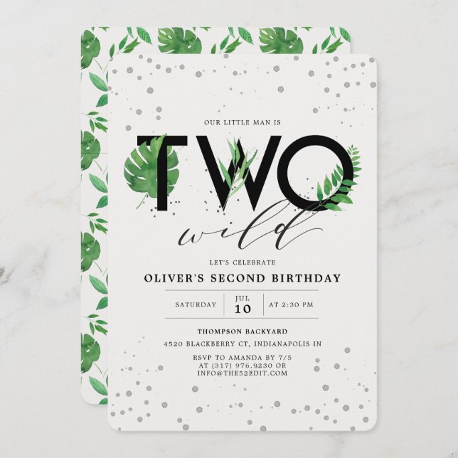 Two Wild Modern Tropical Greenery 2nd Birthday Invitation (Front/Back)