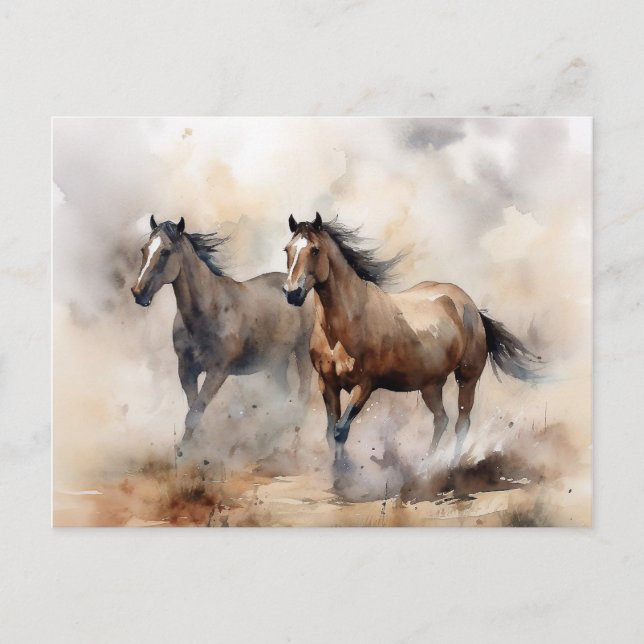 “Two Wild Mustangs ” Dusty Western Watercolour Postcard (Front)