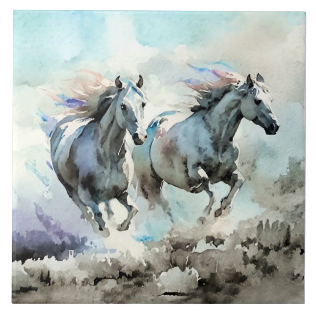 Two Wild Mustangs Race Against the Wind  Tile (Front)