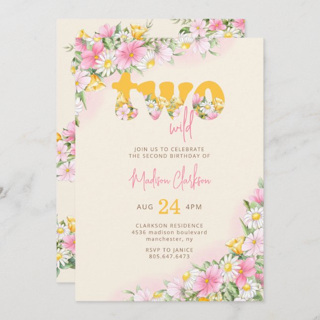 Two Wild Mustard & Pink Wildflower Birthday Invita Invitation (Front/Back)