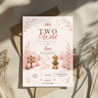 Two Wild Pink Boho Explorer Birthday Design Invitation
