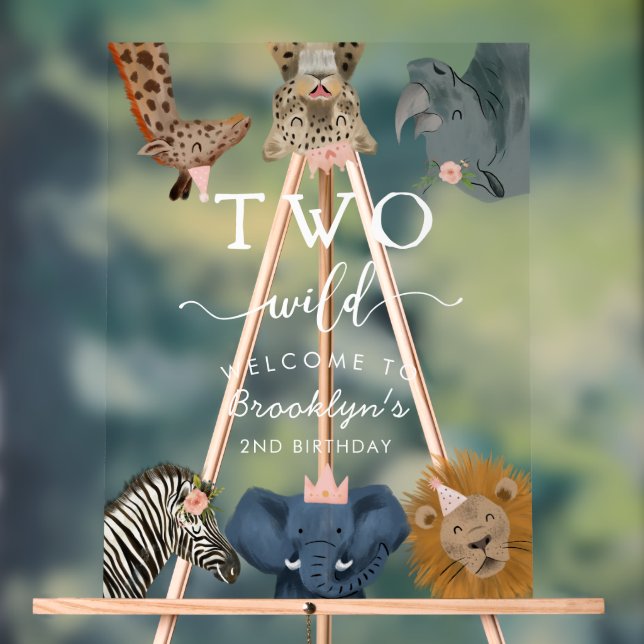 Two Wild Pink Safari Birthday Welcome Acrylic Sign (Neutral)