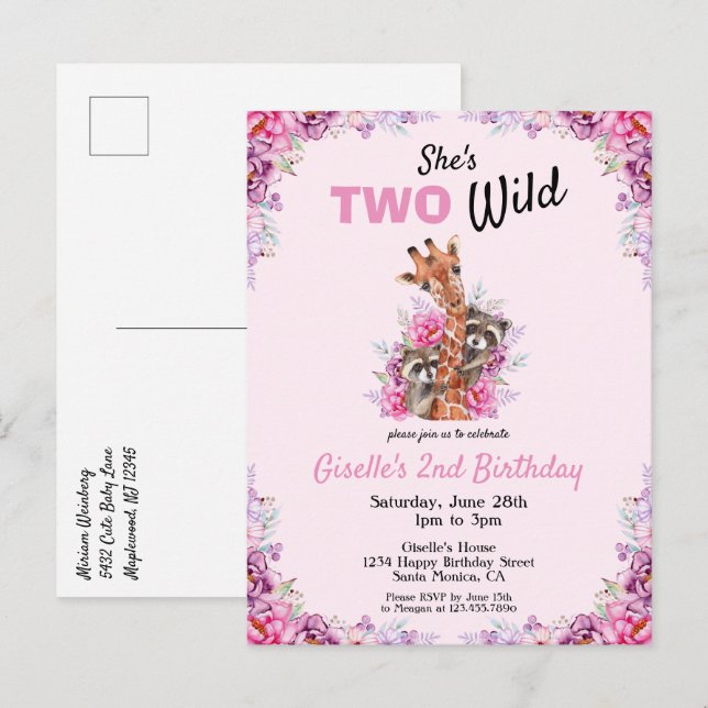 Two Wild Pink Safari Giraffe Floral Birthday Party Invitation Postcard (Front/Back)
