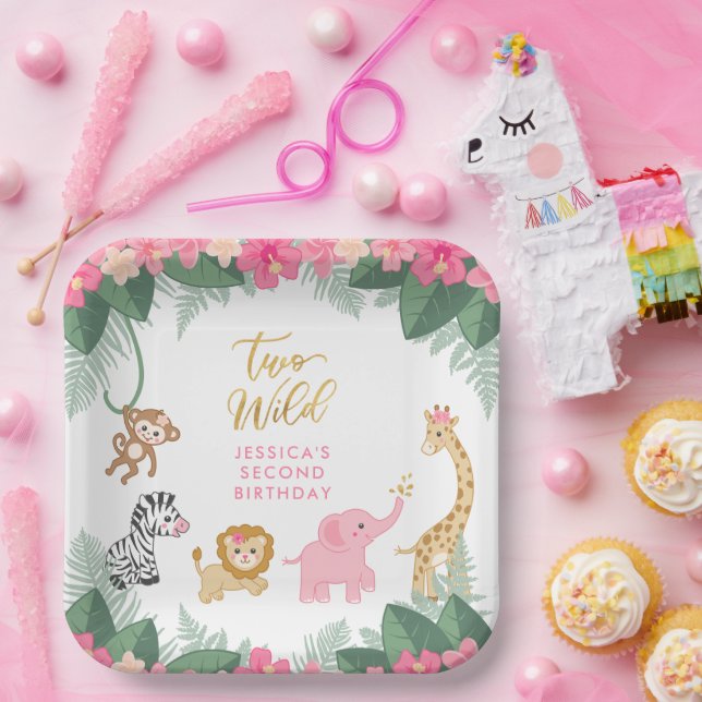 TWO WILD - Pink Safari Girl's SECOND Birthday Paper Plate (Party)