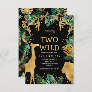 Two Wild Safari 2nd Birthday Black Green Gold Invitation