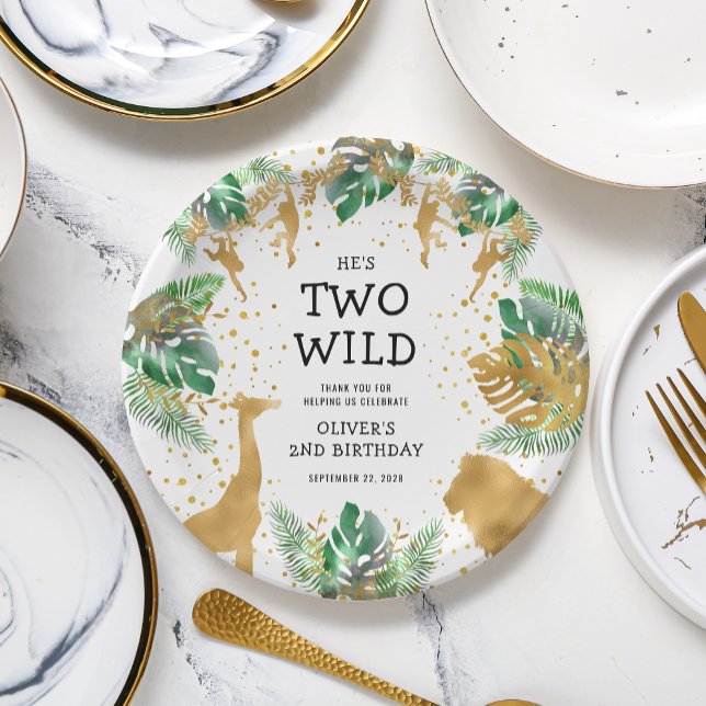 Two Wild Safari 2nd Birthday Party Green Gold Paper Plate (Creator Uploaded)