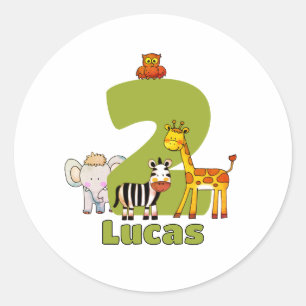 Two Wild Safari Animals 2nd Birthday Custom Name Classic Round Sticker