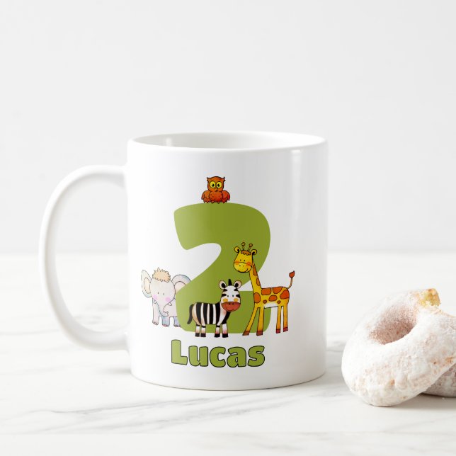 Two Wild Safari Animals 2nd Birthday Custom Name Coffee Mug (With Donut)