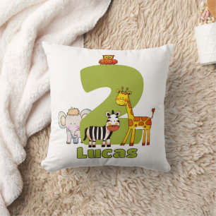 Two Wild Safari Animals 2nd Birthday Custom Name Cushion