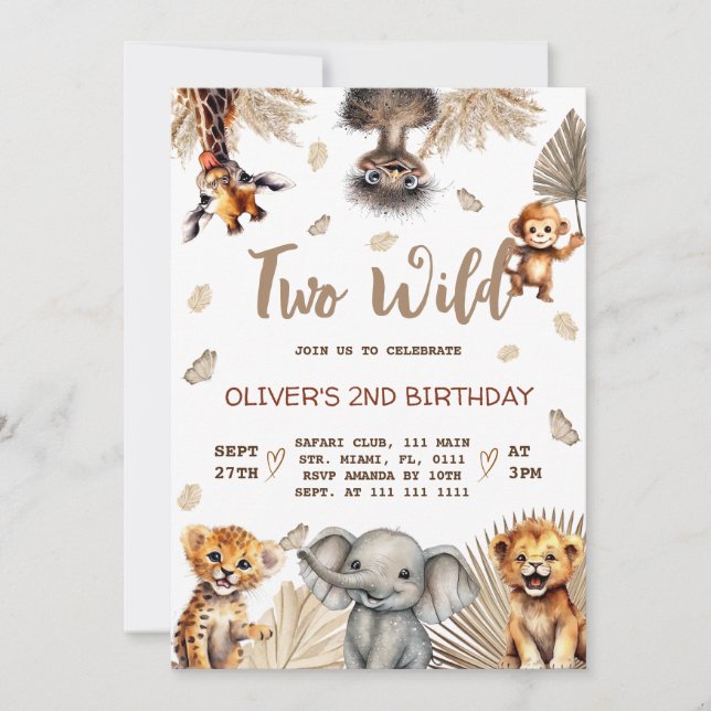 Two Wild Safari Animals 2nd Birthday  Invitation (Front)