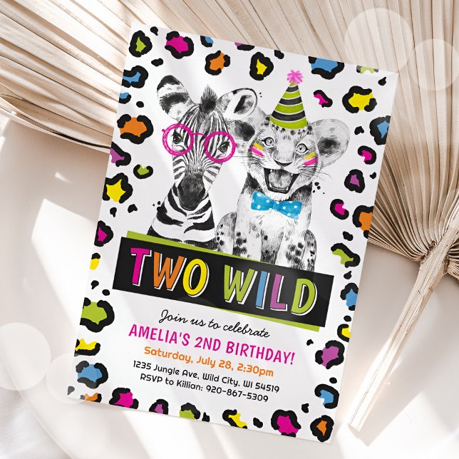 Two Wild Safari Animals 2nd Birthday Leopard Print Invitation (Creator Uploaded)