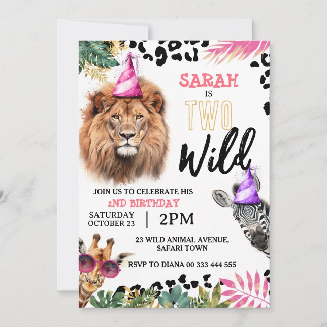 Two Wild Safari Animals 2nd Birthday Party Invitat Invitation (Front)