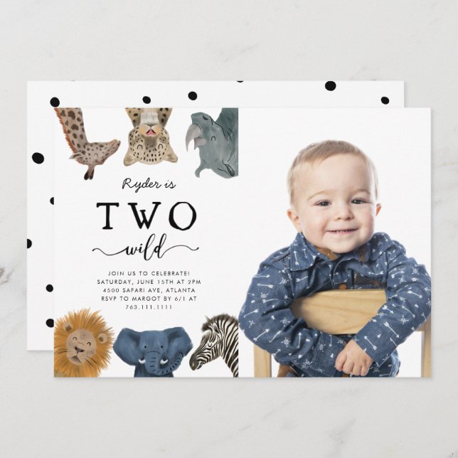 Two Wild Safari Animals 2nd Birthday Party Photo Invitation (Front/Back)