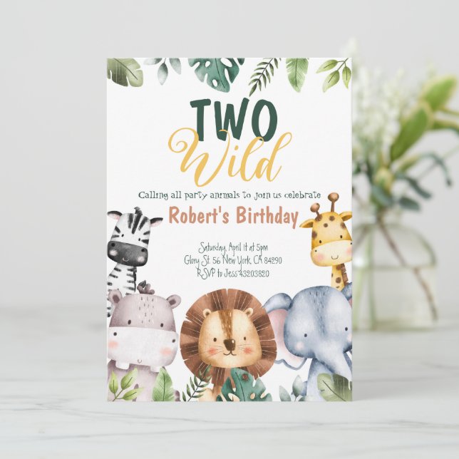 Two Wild Safari Animals Birthday Invitation  (Standing Front)