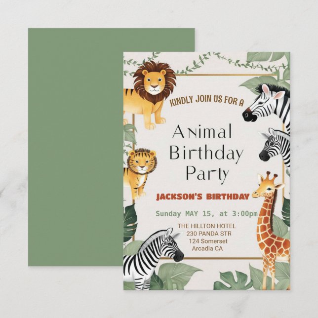 Two Wild Safari Animals  Birthday  Invitation (Front/Back)