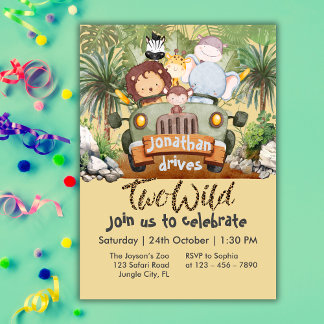 Two Wild Safari Animals Driving Car 2nd Birthday Invitation