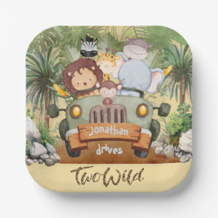 Two Wild Safari Animals Driving Car 2nd Birthday  Paper Plate