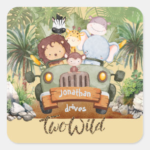 Two Wild Safari Animals Driving Car 2nd Birthday Square Sticker