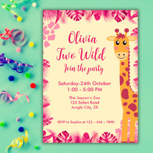 Two Wild Safari Animals  Giraf Girl Pink 2nd Bday Invitation