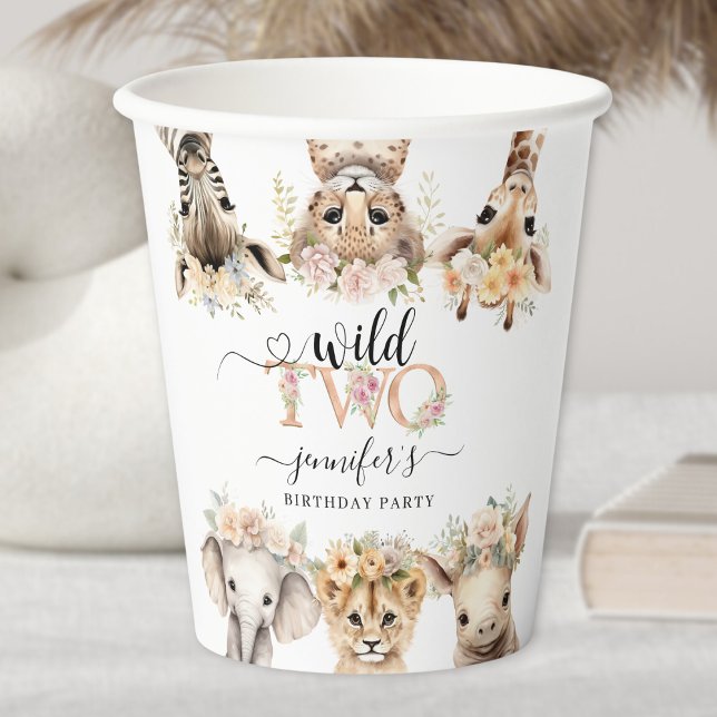 Two Wild Safari Animals Girl 2nd Birthday Paper Paper Cups (Creator Uploaded)