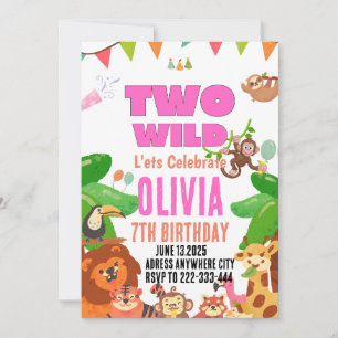 Two Wild Safari Animals Girl's 2nd Birthday Invitation