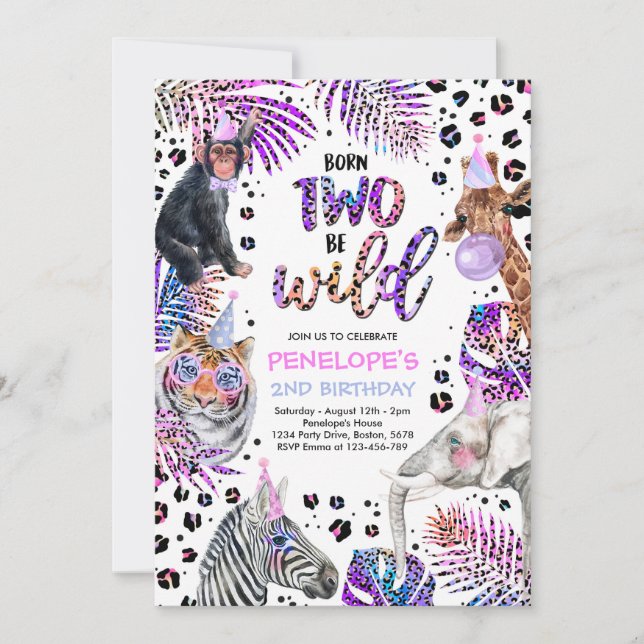 Two Wild Safari Animals Rainbow Cheetah Birthday I Invitation (Front)