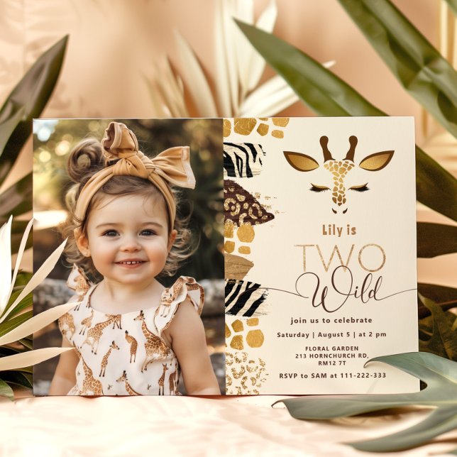 Two wild Safari giraffe modern gold photo birthday Invitation (Creator Uploaded)