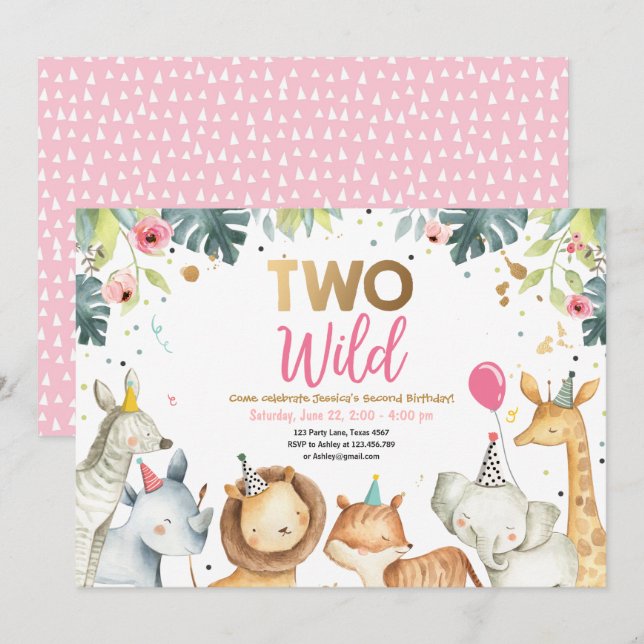 Two Wild Safari Gold Girl Animals Birthday Party Invitation (Front/Back)