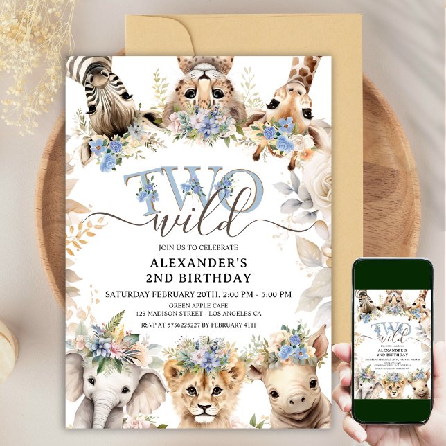 TWO WILD | Safari Jungle Animals 2nd Birthday Boy  Invitation (Creator Uploaded)
