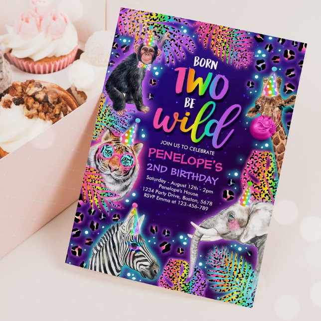 Two Wild Safari Neon Rainbow Cheetah Birthday Invitation (Creator Uploaded)