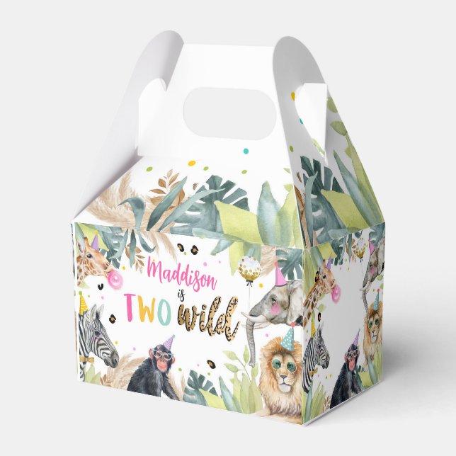 Two Wild Safari Party Animals Girl 2nd Birthday Favour Box (Front Side)