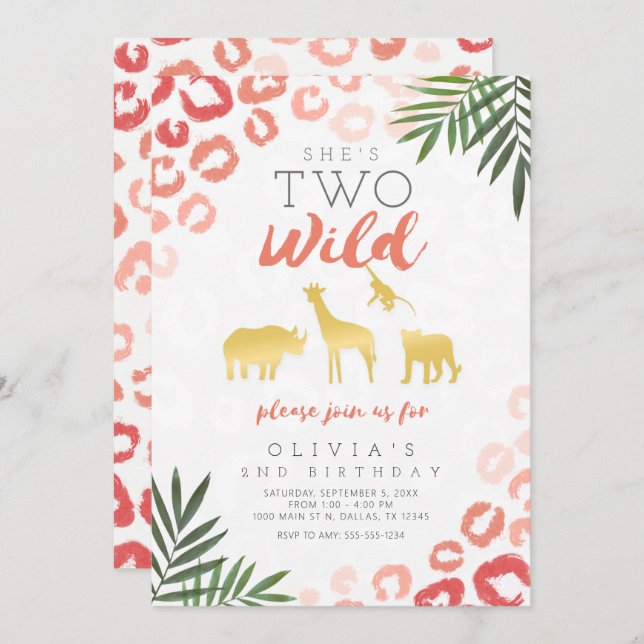 Two Wild Safari Pink and Gold 2nd Birthday Invitation (Front/Back)