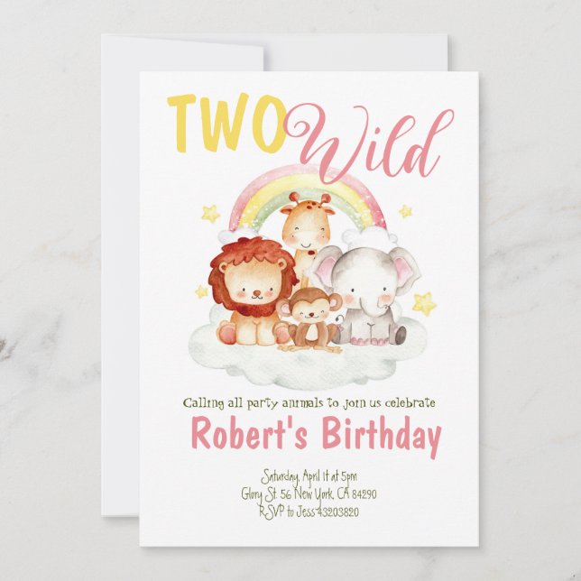 Two Wild Safari Rainbow Birthday Invitation  (Front)
