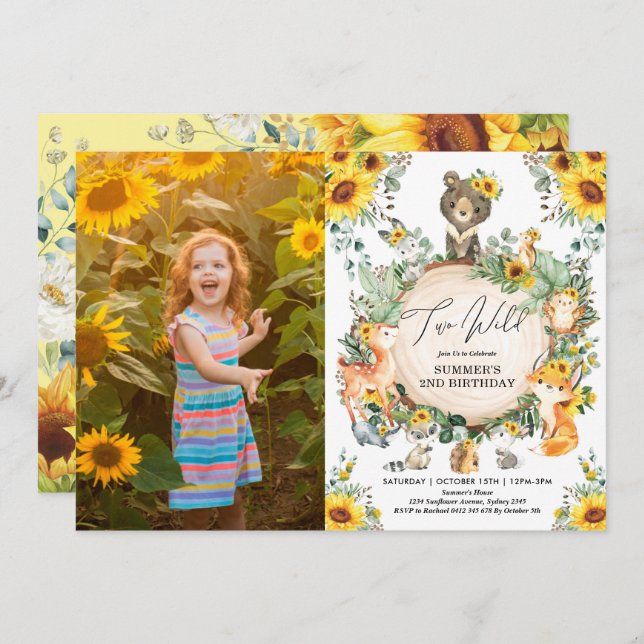 Two Wild | Sunflower Woodland Forest 2nd Birthday Invitation (Front/Back)