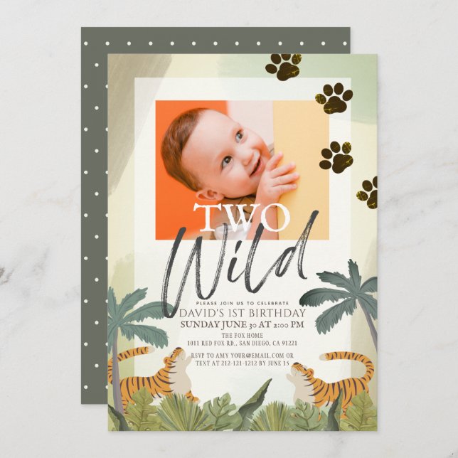 Two Wild Tiger Safari Jungle 2nd Birthday Photo Invitation (Front/Back)