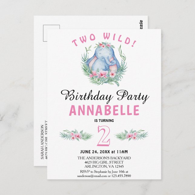 Two Wild Tropical Elephant Pink Birthday Invite Postcard (Front/Back)