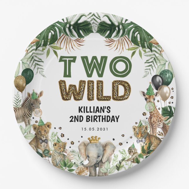 Two Wild Tropical Jungle Safari Animals Birthday Paper Plate (Front)